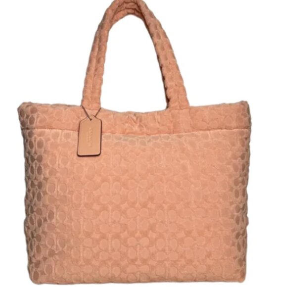 LIKE NEW! Coach Signature Terry Tote Bag FADED BLUSH Terrycloth LARGE Purse Bag - Picture 2 of 9